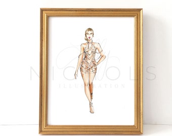 May include: A framed illustration of a woman wearing a sparkly, nude-coloured dress. The woman has blonde hair and is wearing a necklace. The frame is gold.