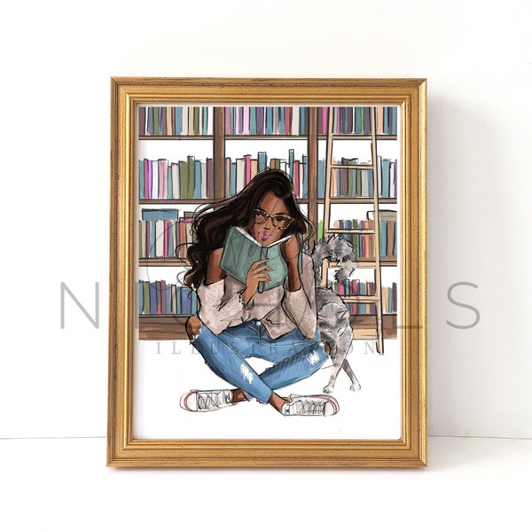 Library Girl (Fashion Illustration Print) Girl Reading with Cat