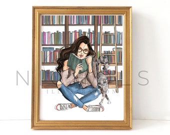 Library Girl (Fashion Illustration Print) Girl Reading with Cat