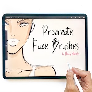 May include: A digital tablet displays a sketch of a woman's face with the text "Procreate Face Brushes by Holly Nichols." A hand holds a stylus, ready to draw on the screen. The background is white.