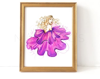 May include: A framed illustration of a woman with blonde hair wearing a large, ruffled, purple dress. The dress has a layered, cascading effect and is decorated with small, white dots.