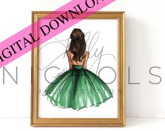DIGITAL DOWNLOAD Emerald Dress, Medium Skintone (Instant Printable Fashion Illustration Print)