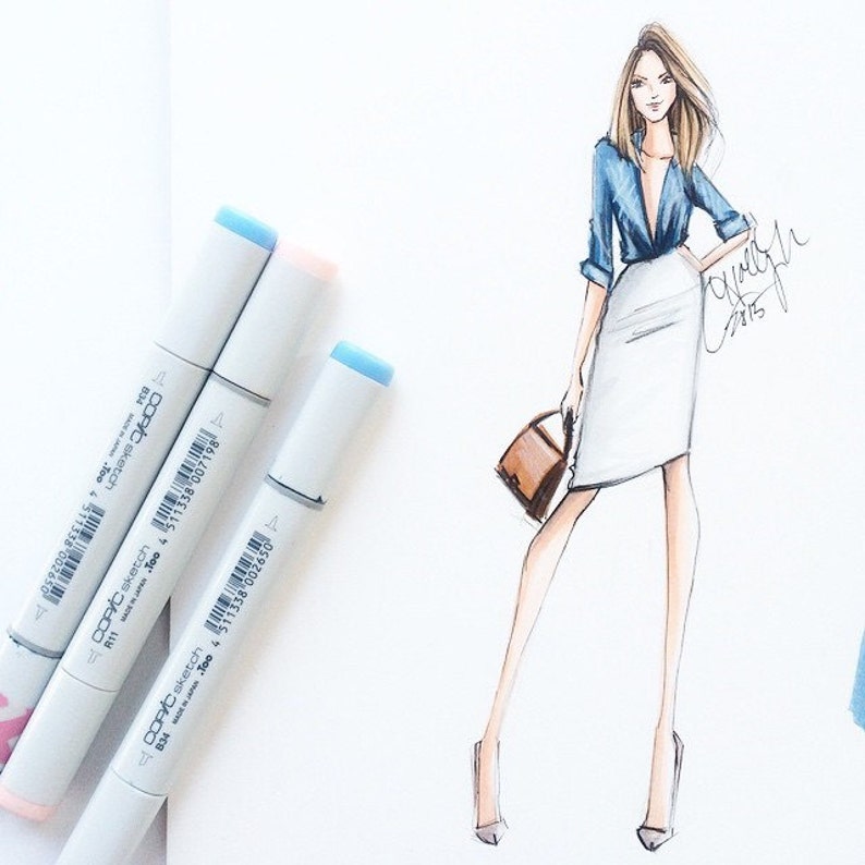 May include: A fashion illustration of a woman wearing a light blue button-down shirt, a white skirt, and brown heels. She is holding a brown handbag. The illustration is drawn in a simple style with black lines and light blue and pink shading.