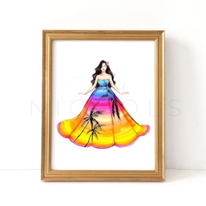 Peut inclure: Une illustration encadrée d'une femme portant une robe colorée avec un motif de coucher de soleil et de palmiers. La robe est jaune, orange, rose, bleue et violette.