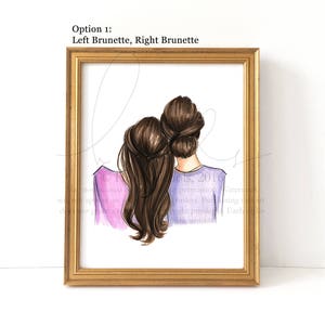 May include: A framed illustration of two women with long brown hair, standing side-by-side. The woman on the left is wearing a purple shirt and the woman on the right is wearing a light purple shirt. The illustration is set against a white background.
