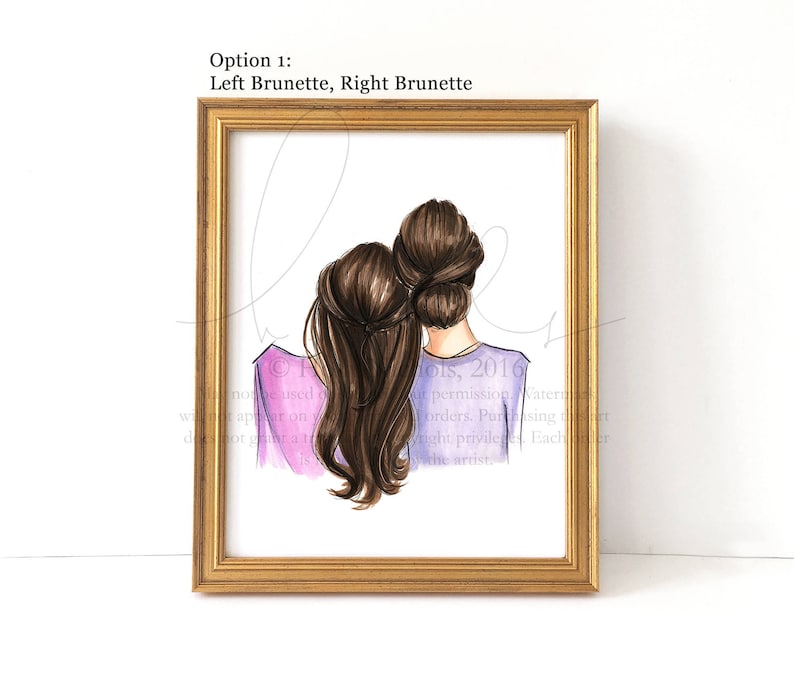 May include: A framed illustration of two women with long brown hair, standing side-by-side. The woman on the left is wearing a purple shirt and the woman on the right is wearing a light purple shirt. The illustration is set against a white background.