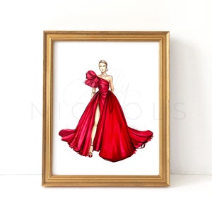 May include: A framed illustration of a woman wearing a red gown with a large bow on one shoulder. The gown has a thigh-high slit and a flowing skirt.