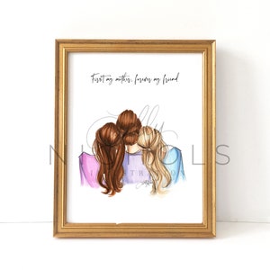 May include: A framed print with a watercolor illustration of three women with brown and blonde hair hugging each other. The text "First my mother, forever my friend" is written at the top of the print.