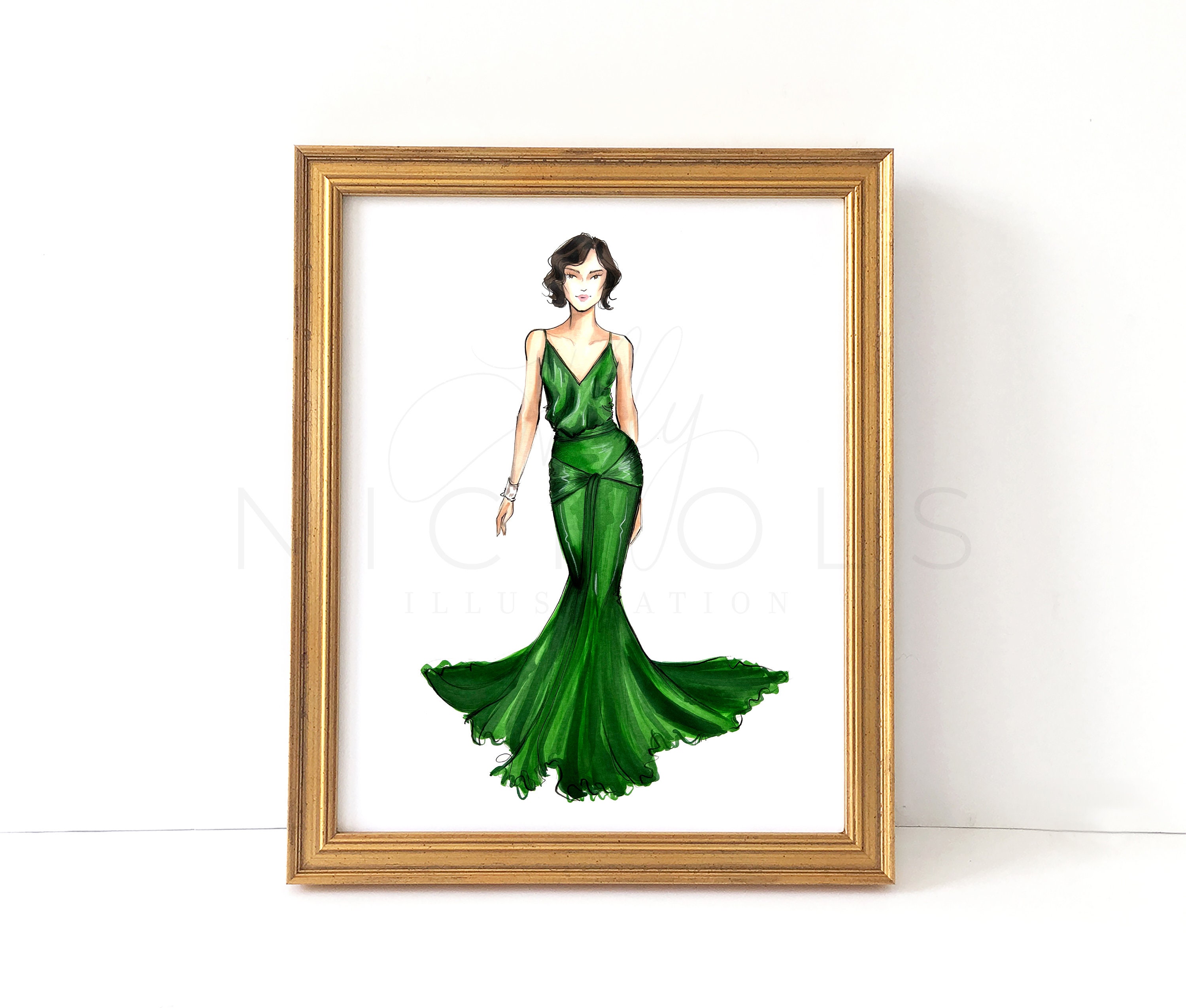 green emerald velvet dress Emerald Green Satin Gold Embroidery Overskirt Wedding Dress Sketch, A Custom Sketch