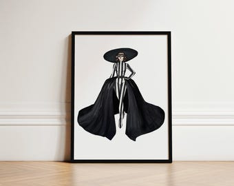 May include: A black and white striped jumpsuit with a long black cape and a wide-brimmed black hat. The figure is wearing black gloves and has a black mask.