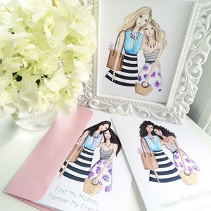 May include: Two illustrated women in dresses and carrying bags. The text on the card reads "First My Mother, Forever My Friend".