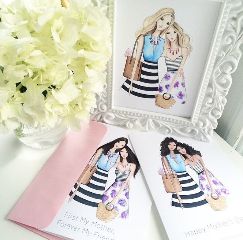 May include: Two illustrated women in dresses and carrying bags. The text on the card reads "First My Mother, Forever My Friend".