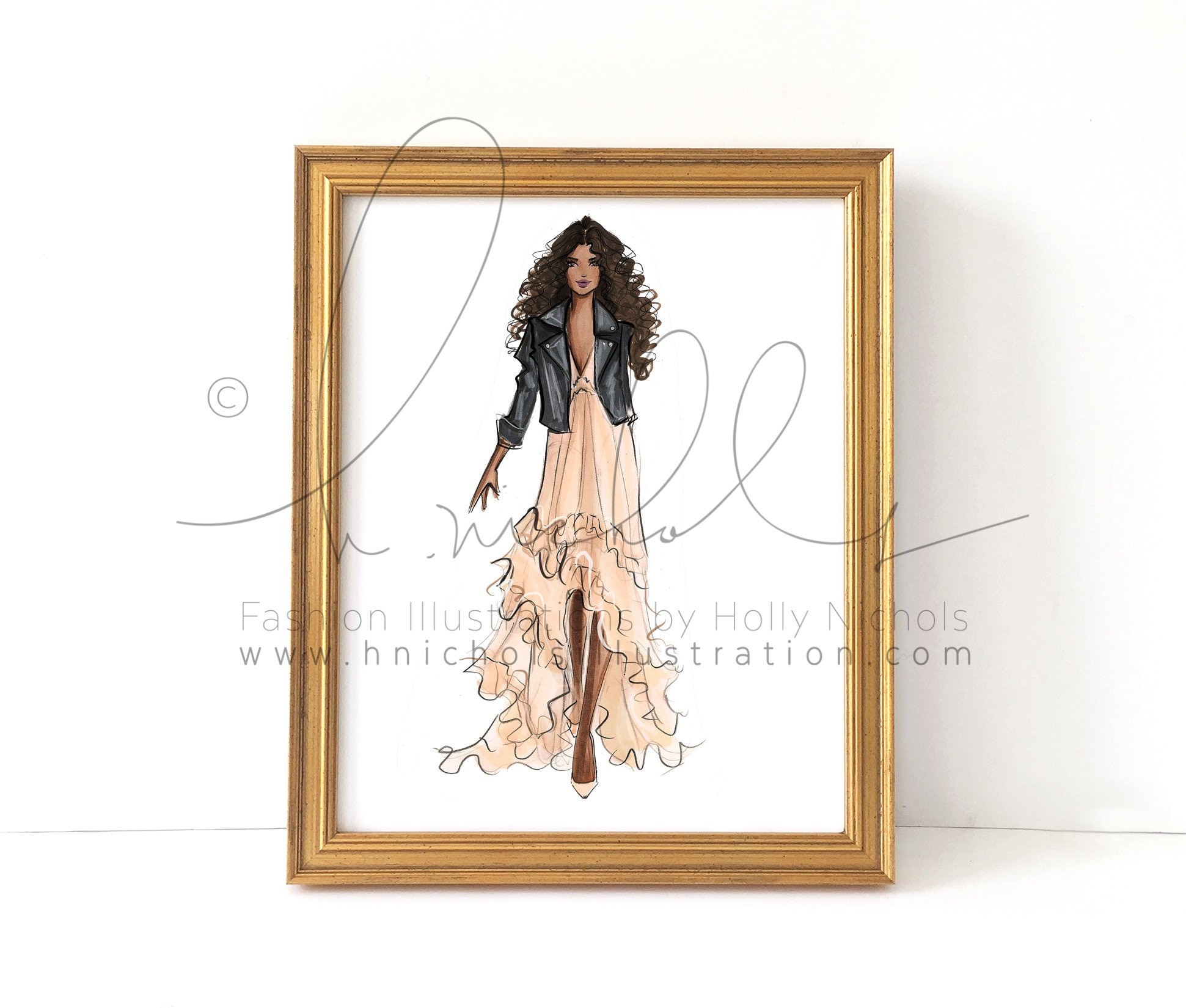 Ayla (fashion Illustration Print, Girl in Pink Dress With Leather