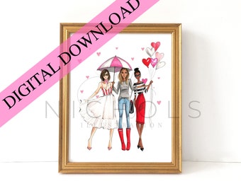 DIGITAL DOWNLOAD Galentine Girls (Instant Printable Valentine Illustration)