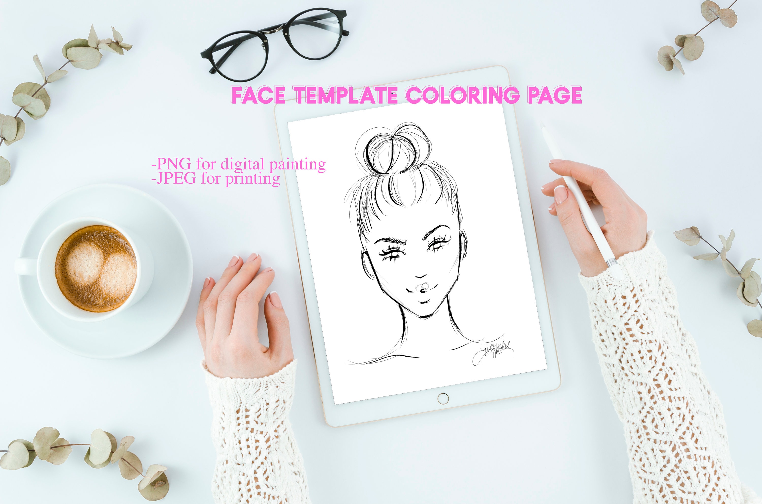 Face Template Coloring Page for Procreate or Photoshop – Printable Portrait Line Art Instant Digital Download