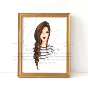 Puede incluir: Una ilustraci&oacute;n digital de una mujer con el pelo largo y casta&ntilde;o recogido en una trenza. Lleva una camisa a rayas blancas y negras. El fondo es blanco.