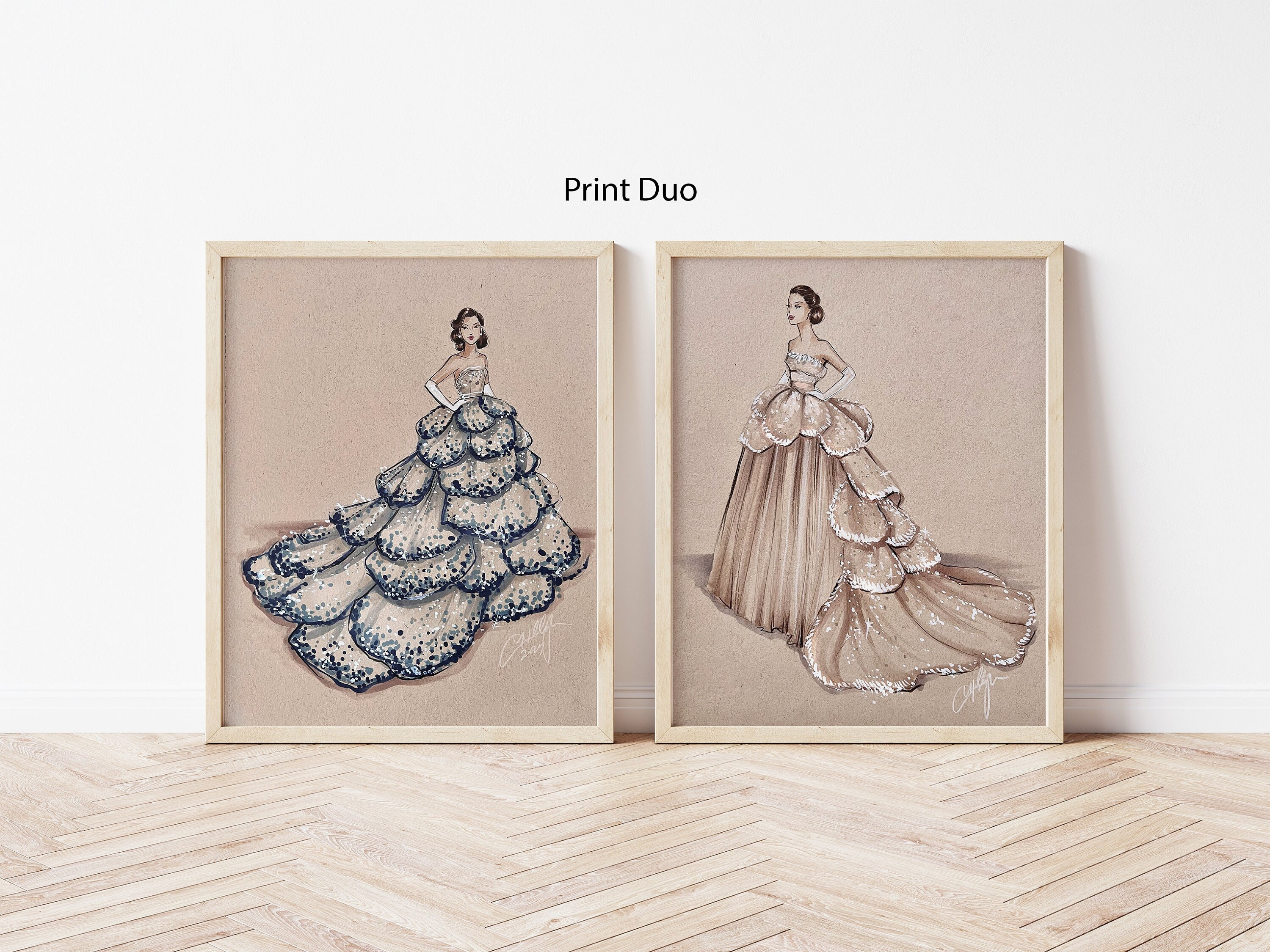 Set of 2, Vintage Sister Gown Prints, simulated texture and small border (Fashion Illustration Print)