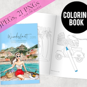 Digital Fashion Illustration Travel Wanderlust Coloring Book for digital or print use Adult/Kids Coloring Book PDF, JPEG, and PNG image 1