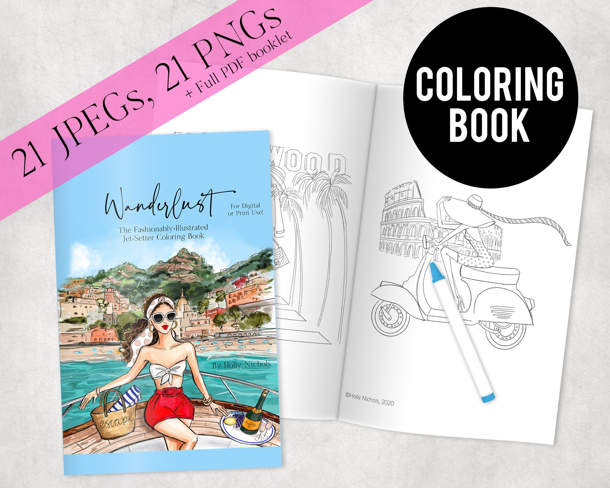 Wanderlust Libro para colorear de ilustración de moda – Tema de viaje digital para adultos y niños (PDF, JPEG, PNG)