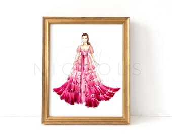 May include: A framed illustration of a woman wearing a pink dress with ruffles. The dress is a watercolor painting with a light pink background and darker pink ruffles.