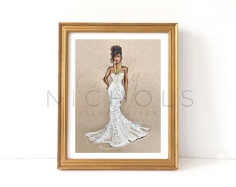 White Grammy Gown (Fashion Illustration Print) 1/2" Border, Simulated Texture