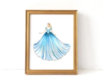 May include: A watercolour illustration of a woman in a blue ball gown with a white bodice and a sparkling design. The gown has a flowing skirt and is accented with glitter.