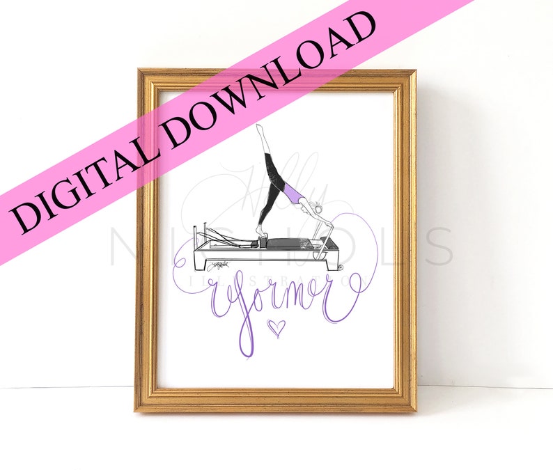 May include: A framed art print with a gold frame features a black and white illustration of a person doing Pilates on a reformer machine. The word "reformer" is written in purple script, with a pink diagonal banner that says "DIGITAL DOWNLOAD".
