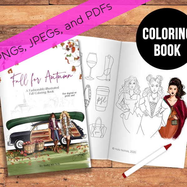 Mode illustratie herfst voor herfst Instant Download kleurboek voor digitaal of printgebruik (kleurboek voor volwassenen/kinderen)