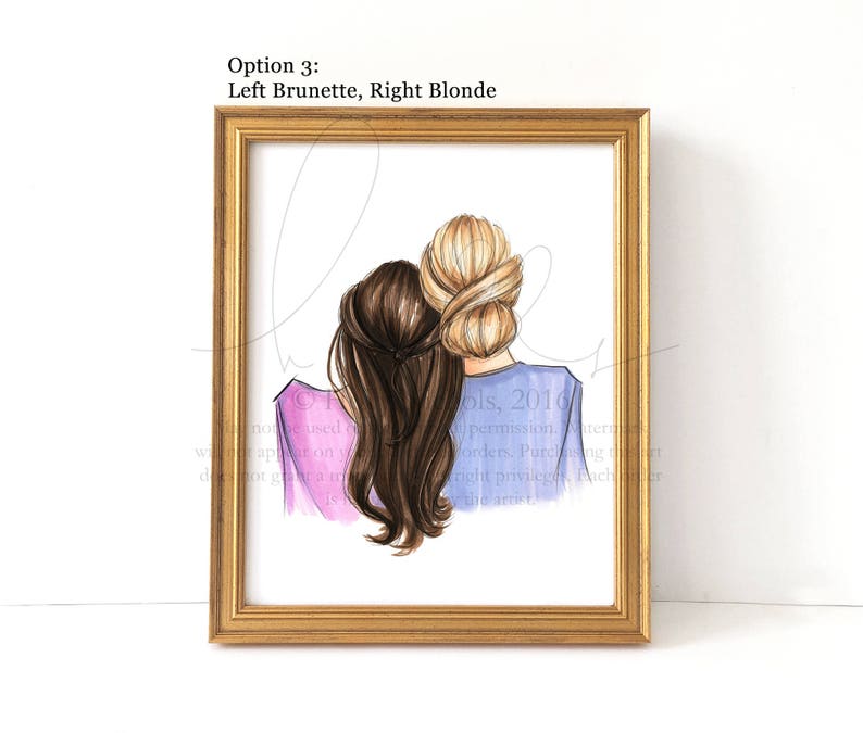 May include: A framed illustration of two women with their backs to the viewer. The woman on the left has long brown hair and is wearing a pink shirt. The woman on the right has long blonde hair and is wearing a purple shirt. The text "Option 3: Left Brunette, Right Blonde" is at the top of the frame.