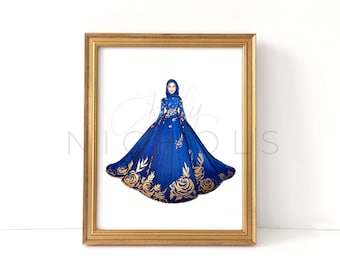 The Golden Rose on Blue (Hijab Fashion Illustration Print)