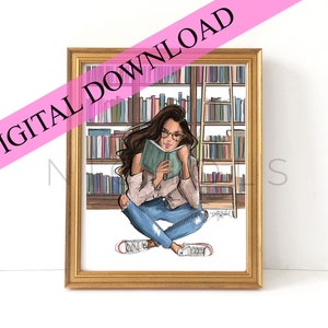 DIGITALER DOWNLOAD Bibliotheksmädchen ohne Katze (Mode Illustration Druck)