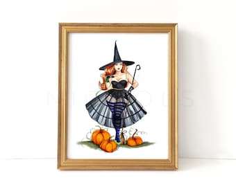 May include: A framed illustration of a witch with long red hair wearing a black pointed hat, a black corset top, and a sheer black skirt over purple and black striped stockings. The witch holds a broomstick and stands beside three orange pumpkins.