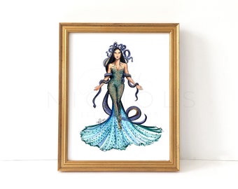 Puede incluir: Una ilustración enmarcada de una mujer con serpientes en el pelo que lleva un vestido verde y azul con cola de serpiente.