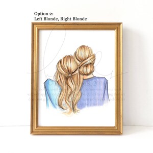 May include: A digital illustration of two women with blonde hair, standing back to back. The woman on the left is wearing a light blue shirt and the woman on the right is wearing a purple shirt.
