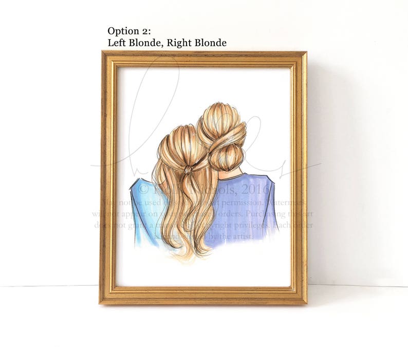 May include: A digital illustration of two women with blonde hair, standing back to back. The woman on the left is wearing a light blue shirt and the woman on the right is wearing a purple shirt.