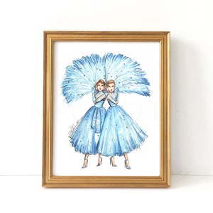 Sisters in Blue, White Christmas (Holiday Fashion Illustration Print)