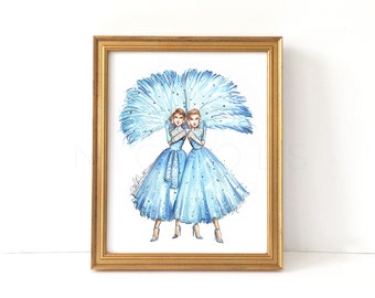 Sisters in Blue, White Christmas (Holiday Fashion Illustration Print)