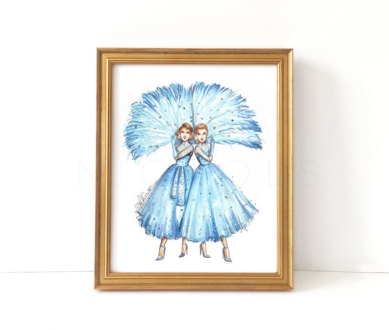 Sisters in Blue, White Christmas Holiday Fashion Illustration Print image 1