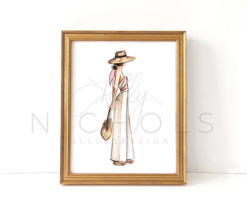 May include: A watercolor illustration of a woman wearing a white outfit with a wide-brimmed hat and a brown bag.
