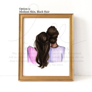 May include: A framed illustration of two women with brown hair, one with a purple shirt and the other with a light blue shirt. The text "Option 5: Medium Skin, Black Hair" is at the top of the image.
