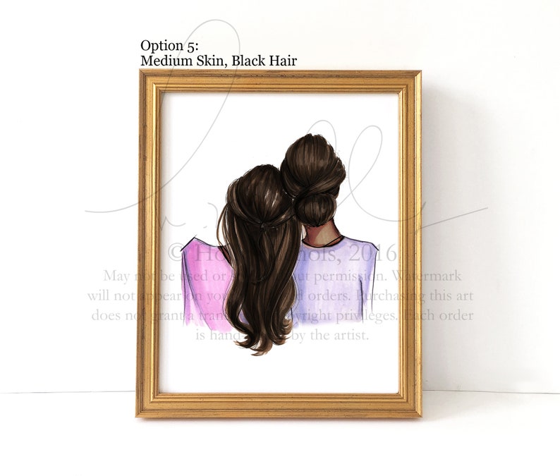 May include: A framed illustration of two women with brown hair, one with a purple shirt and the other with a light blue shirt. The text "Option 5: Medium Skin, Black Hair" is at the top of the image.