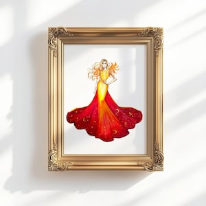 May include: A framed art print featuring a watercolor illustration of a woman in a flowing gown. The dress transitions from yellow to red, adorned with crescent moon details. The artwork is displayed in a gold ornate frame, creating a striking visual.