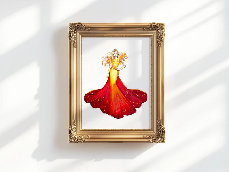 May include: A framed art print featuring a watercolor illustration of a woman in a flowing gown. The dress transitions from yellow to red, adorned with crescent moon details. The artwork is displayed in a gold ornate frame, creating a striking visual.