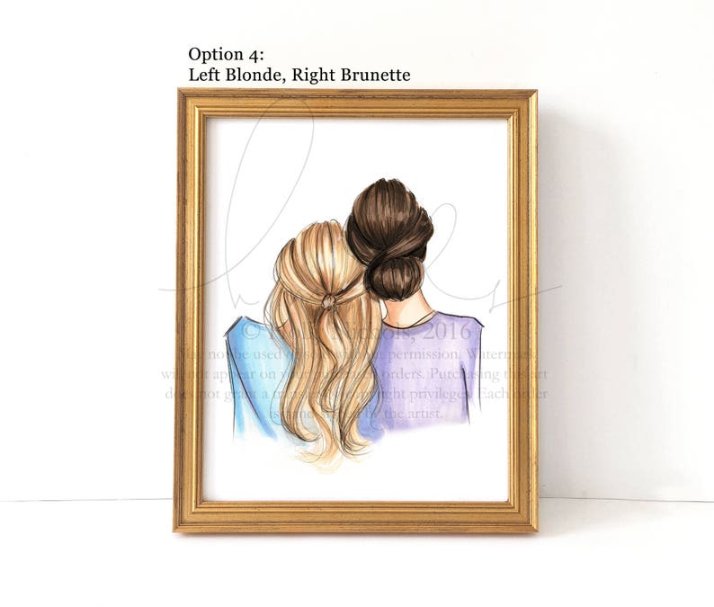 May include: A framed illustration of two women standing side-by-side. The woman on the left has blonde hair and is wearing a light blue shirt. The woman on the right has brown hair and is wearing a purple shirt. The text "Option 4: Left Blonde, Right Brunette" is at the top of the frame.
