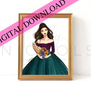 DIGITAL DOWNLOAD Thanksgiving, Brunette (Instant Printable Fashion Illustration Print)