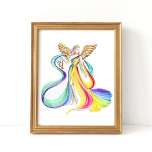 May include: A framed art print featuring a watercolor illustration of a winged figure in a rainbow-colored gown. The figure holds a golden lamp and has flowing, colorful fabric. The frame is gold.