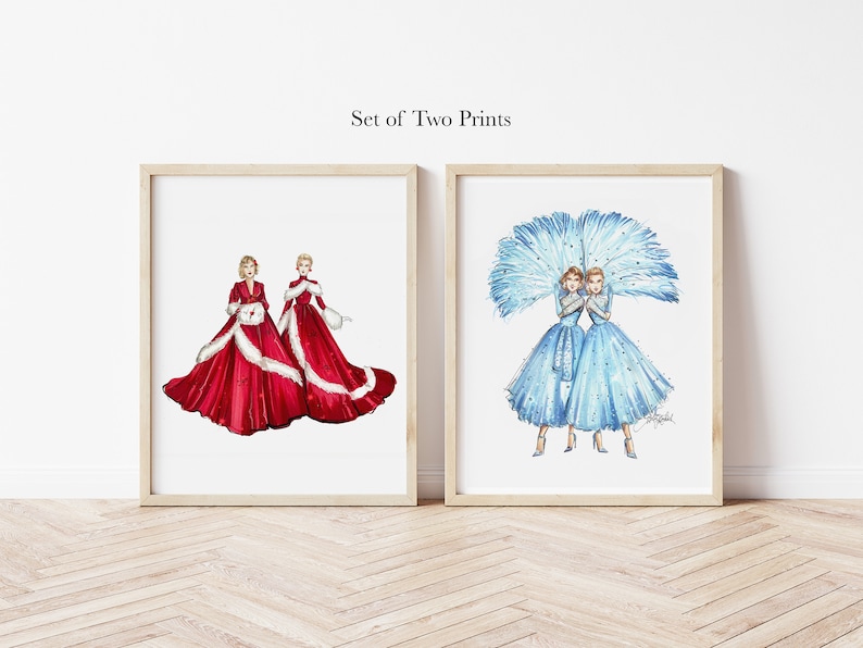 Set of 2, White Christmas Dresses Fashion Illustration Print image 1