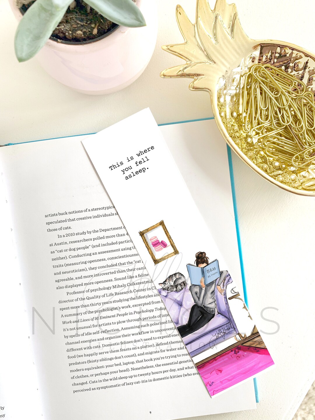 Instant Download Bookmark, Sleepy Book Girl Fashion Illustration 