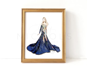 May include: A framed illustration of a woman wearing a blue gown with gold and silver embellishments. The gown has a plunging neckline and a long train. The woman has blonde hair and is wearing a subtle smile.