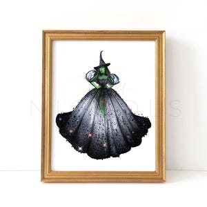 May include: A framed illustration of the Wicked Witch of the West from the Wizard of Oz. She is wearing a black gown with a green face and a pointed hat.